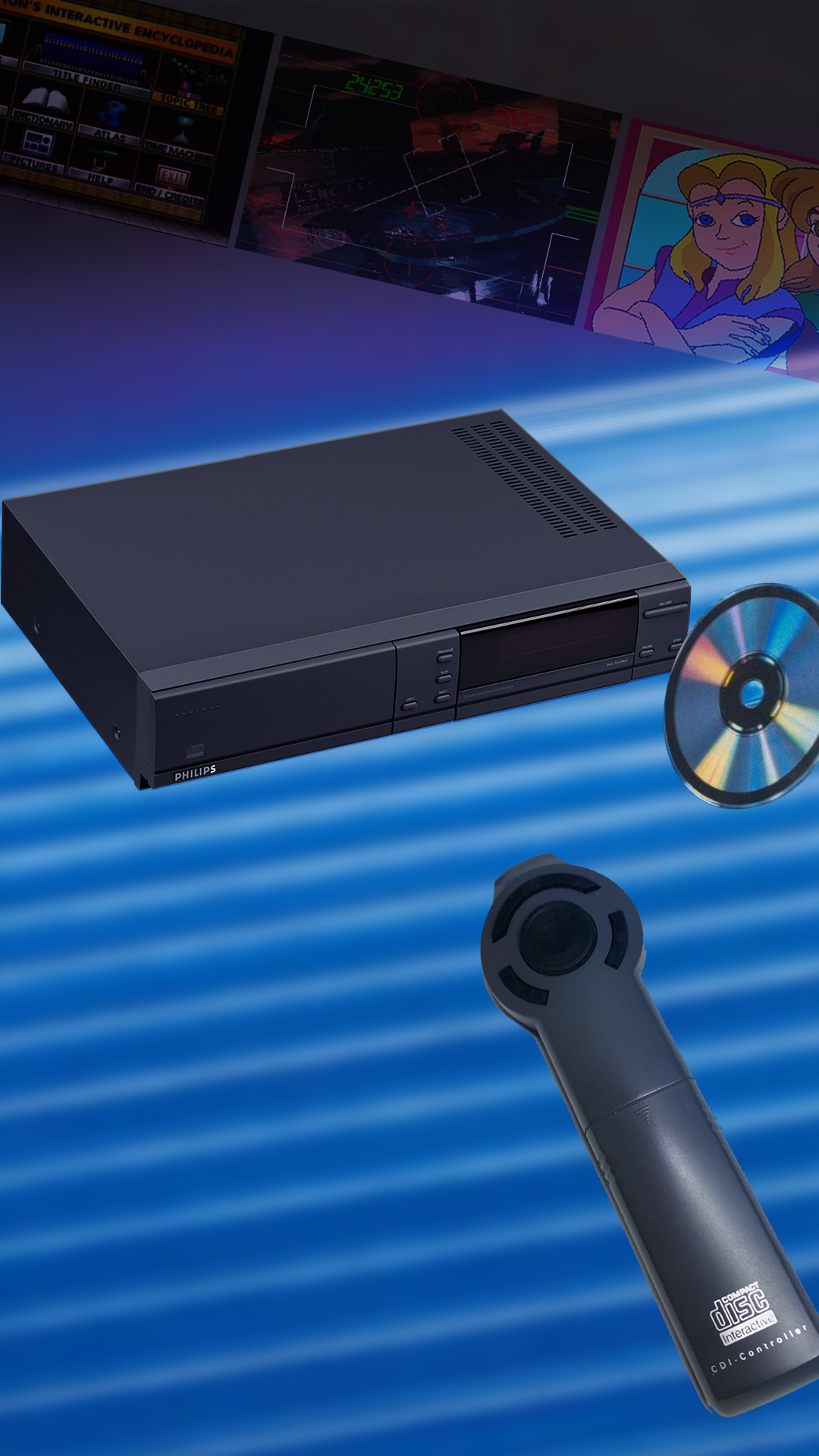 De CD-i met disc en afstandsbediening op een blauwe achtergrond