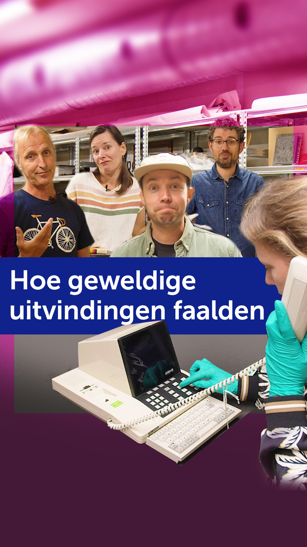 Vier conservatoren die hun schouders ophalen en een vijfde die gebruik maakt van de Telemix. Daar overheen loopt de tekst 'Hoe geweldige uitvindingen faalden'