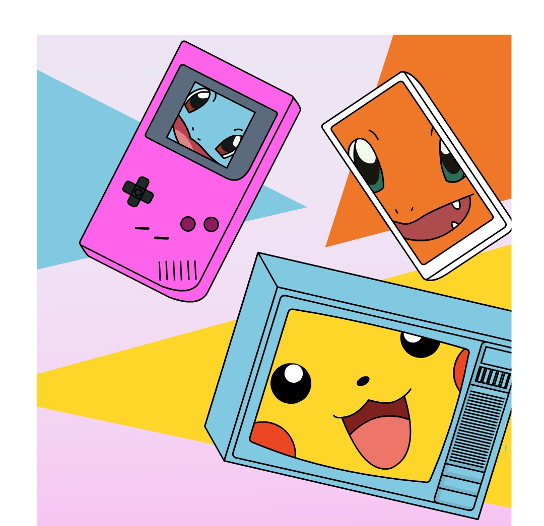 Coverkaart met roze achtergrond en een getekende oude televisie waarin je over het volledige scherm de ogen, neus, mond en wang van Pikachu herkent, een mobiel met de ogen en mond van Charmander en een oude getekende Gameboy met de ogen en een stukje mond van Squirtle. 