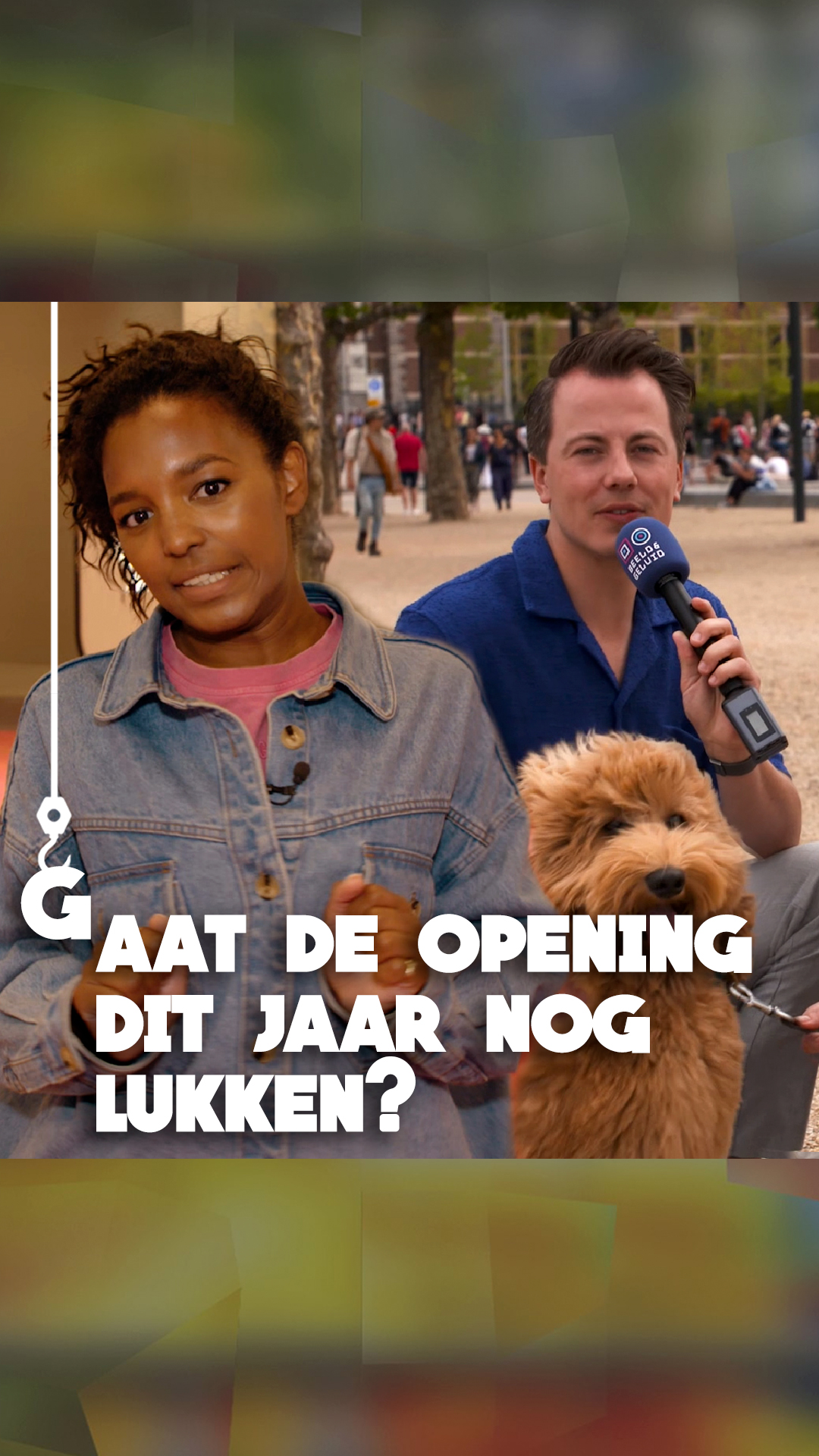 Thumbnail of episode 2x07 with presenters Sosha Duysker and Kevin van de Berg with a microphone and a puppy in front of him. The title reads (translated from Dutch) 'Will an opening this year be possible?'