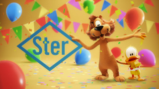 In een feestelijke setting staat Loeki de leeuw naast het logo van STER en heeft een ballon in zijn hand waar het cijfer 60 op staat.