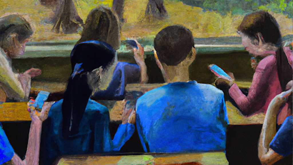 Schilderij van kinderen in een klas die op hun mobiel kijken