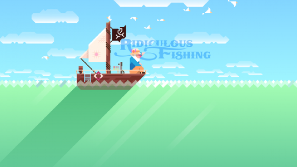 Promotie afbeelding van het succesvolle Ridiculous Fishing, de internationale doorbraak van Vlambeer, met een bootje op groen water en met een strak blauwe lucht