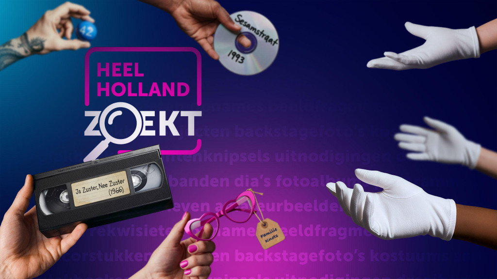 Logo Heel Holland Zoekt, handen met daarin media-voorwerpen