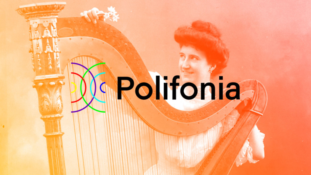 Polifonia logo and woman with a harp instrument. 