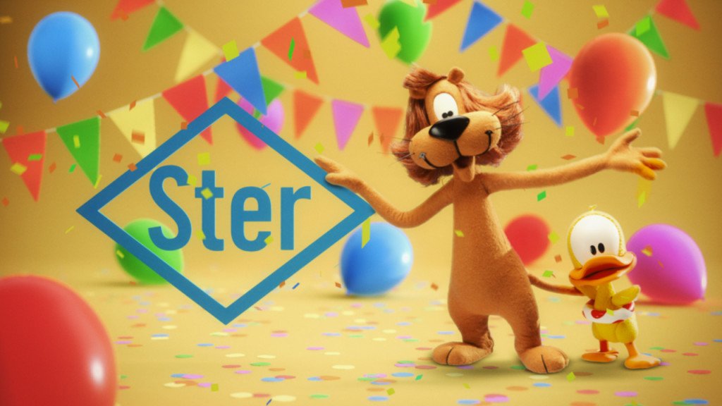 In een feestelijke setting staat Loeki de leeuw naast het logo van STER en heeft een ballon in zijn hand waar het cijfer 60 op staat.