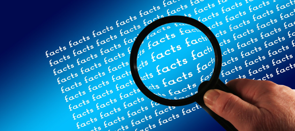 Stockfoto van Pixabay met blauw scherm waar continue het woord 'fact' voorbij komt en een hand er een loep voor houdt