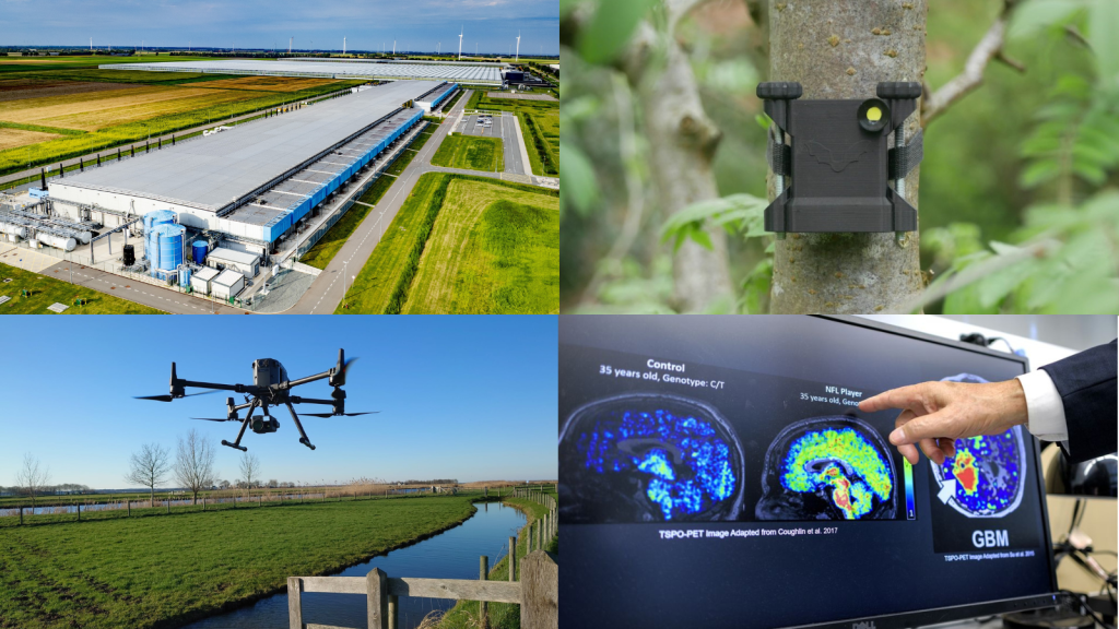 collage van datacenter, ai device, drone en ai diagnostiek