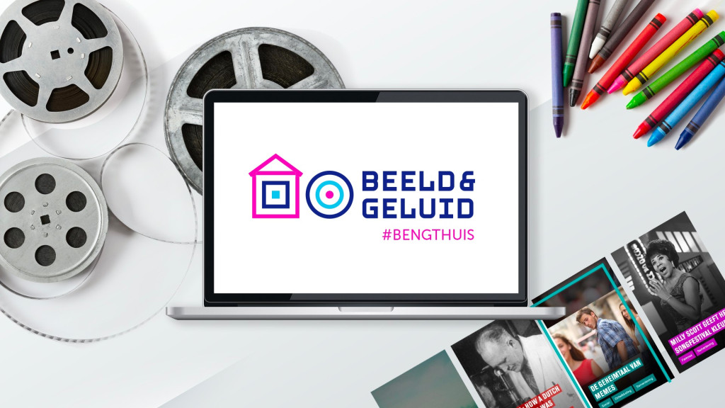 Campagnebeeld Beeld & Geluid bij je thuis; met filmrollen, krijtjes en een reeks aan covers met titels die rondom het scherm van een laptop geplaatst zijn met daarop de tekst 'Beeld & Geluid BenGThuis'