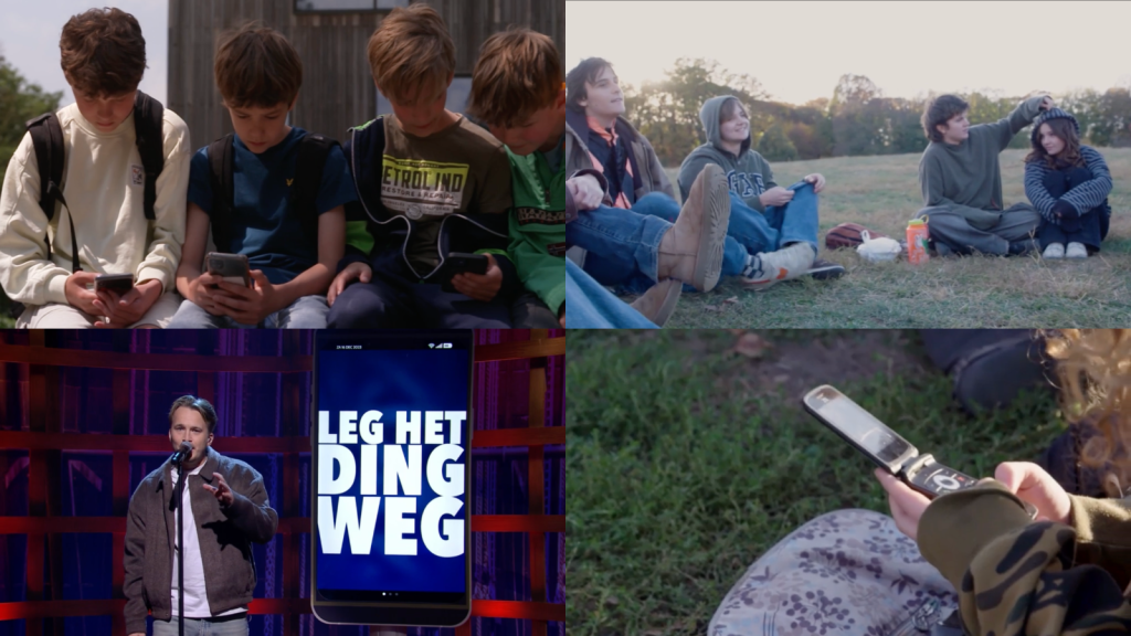 collage van kinderen met smartphones, kinderen zonder telefoons, een oude flipphone en een telefoon waar op staat 'leg dat ding weg'