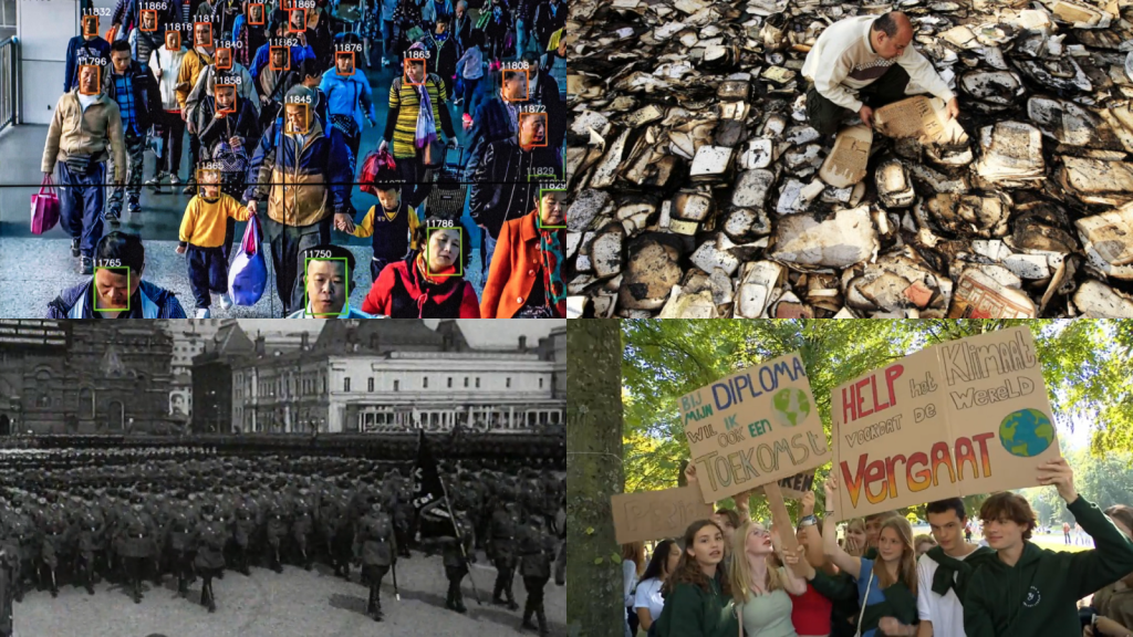 collage van gezichtsherkenning op camerabeelden, boekverbranding, een leger en protesterende kinderen