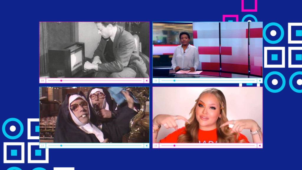 4 stills van fragmenten die op Beeld & Geluid op school staan, met onder meer Nikkie Tutorials, het journaal en Theo & Thea