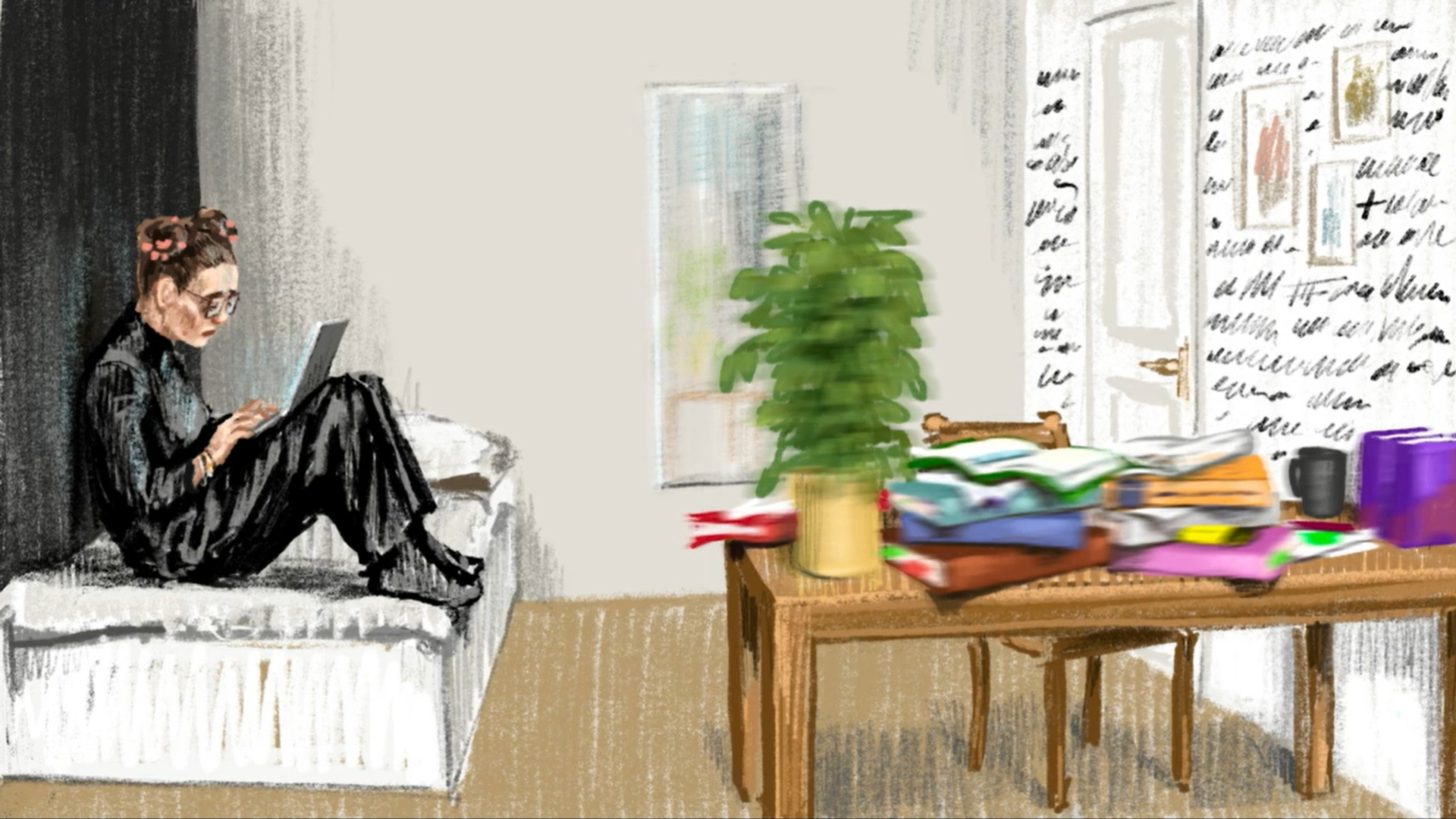 meisje alleen op haar kamer met laptop