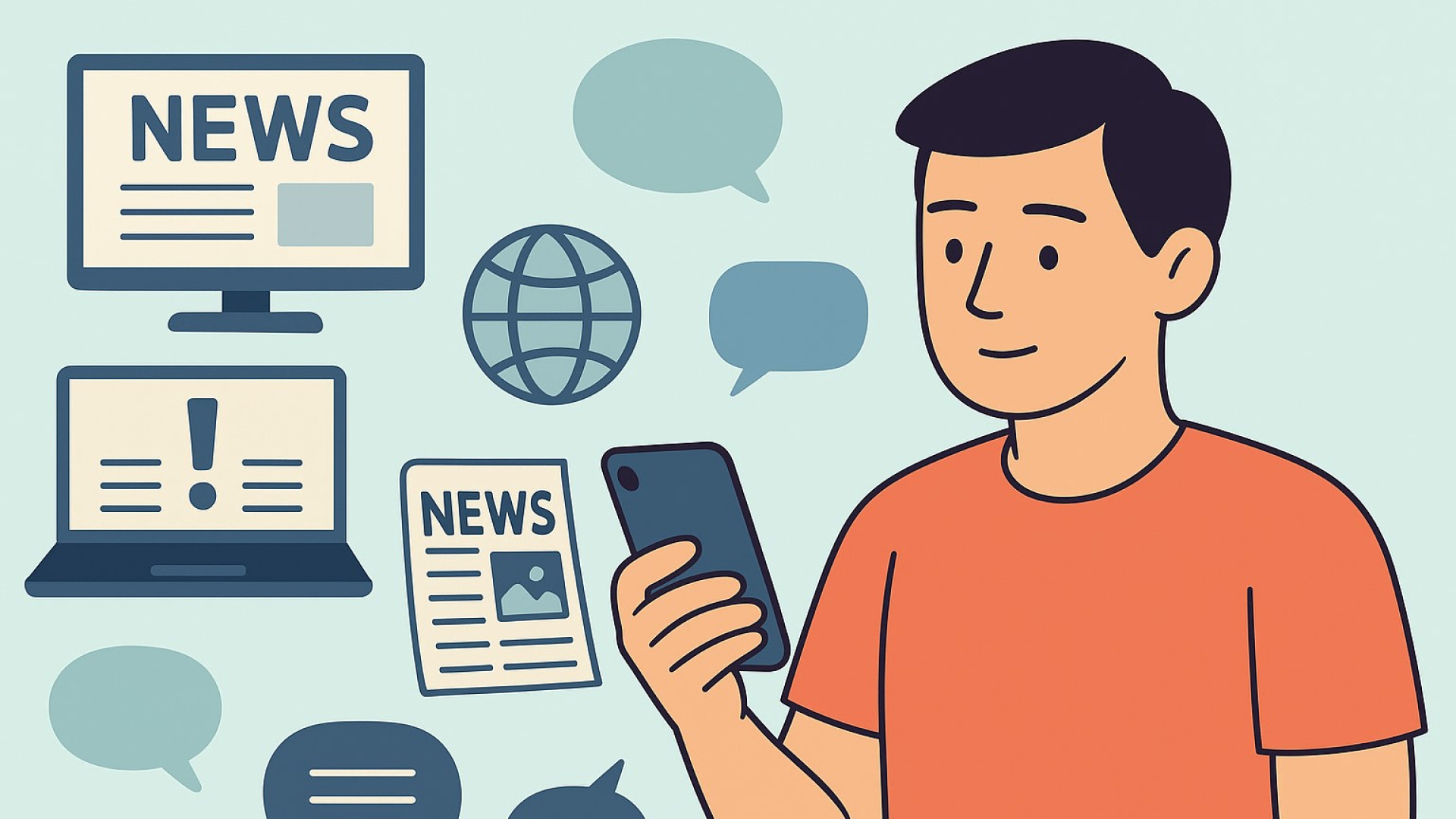 Illustratie van jongen die nieuws op de telefoon checkt