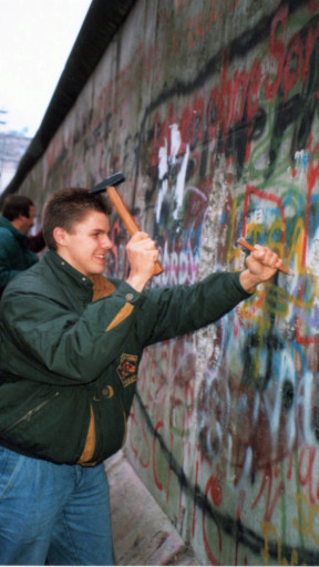 man hakt in op de Berlijnse muur