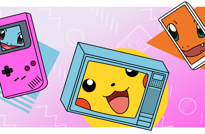 Coverafbeelding met verschillende Pokémon: het gezicht van Pikachu in een ouderwetse televisie, Charmander op een modern mobieltje en Squirtle in een Gameboy Color  