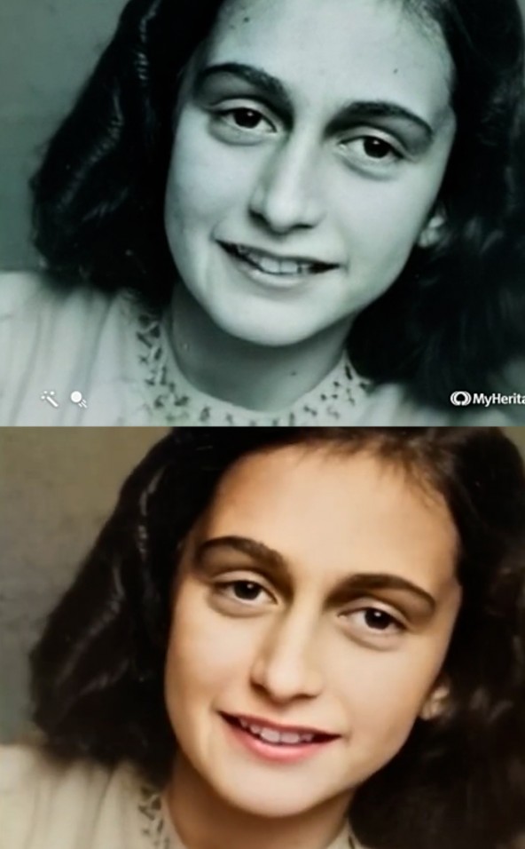 Twee stills van Anne Frank, een zwart-wit en een ingekleurd met AI